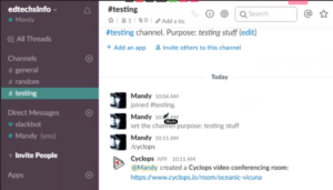 Screenshot showing cyclops starting within Slack.